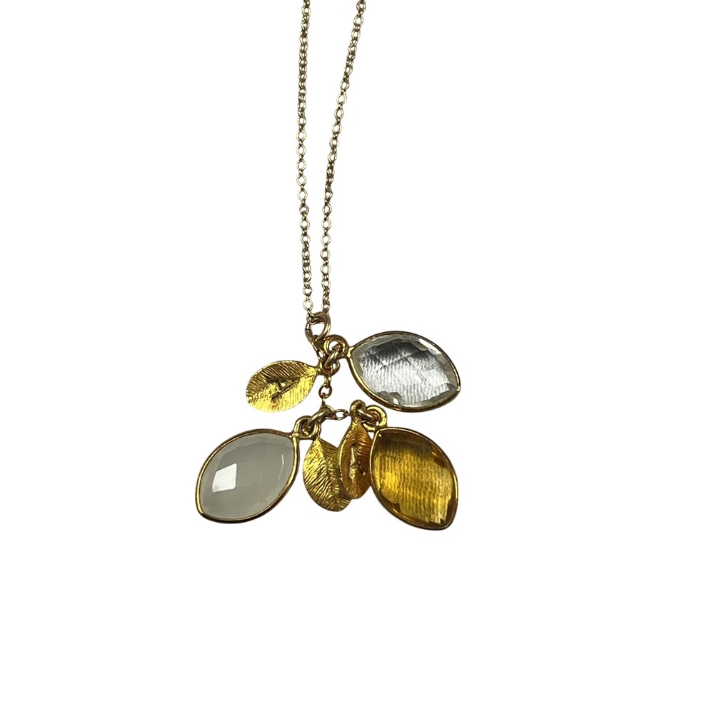Stella & Dot Gold‎ Tone Leaf Cluster Necklace Amber White Glass Stones 18 inch